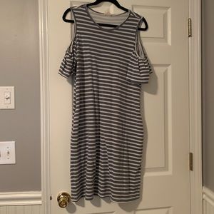 Cold shoulder dress with blue and white stripes